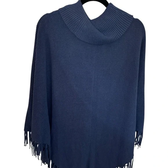 Soft Blue Poncho Sweater with Cowl Neck and Fringe - Picture 4 of 8